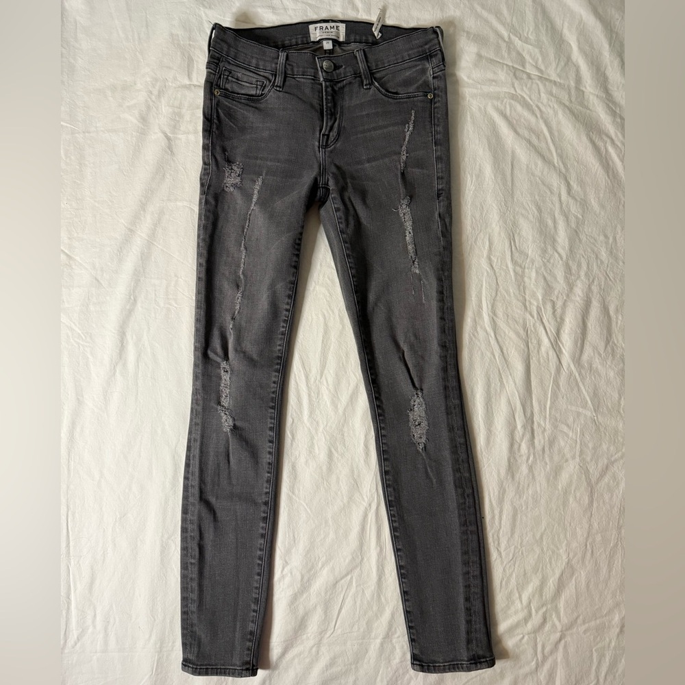 Frame Le Skinny de Jeanne Grey Distressed Low Rise Skinny Jeans 26 - Picture 2 of 13